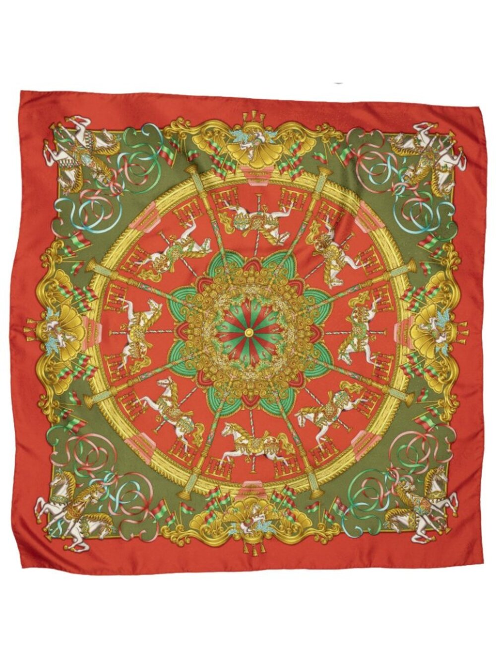 Hermes Scarf Red Green Gold 100% Jacquard Silk - Picture 2 of 5